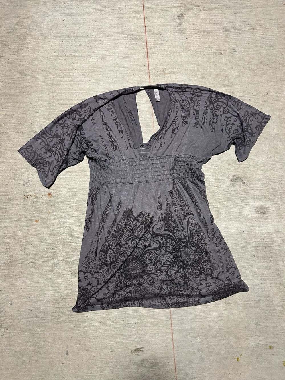 Y2K Joy Gray Paisley Print Smocked Waist Boho Tunic Top